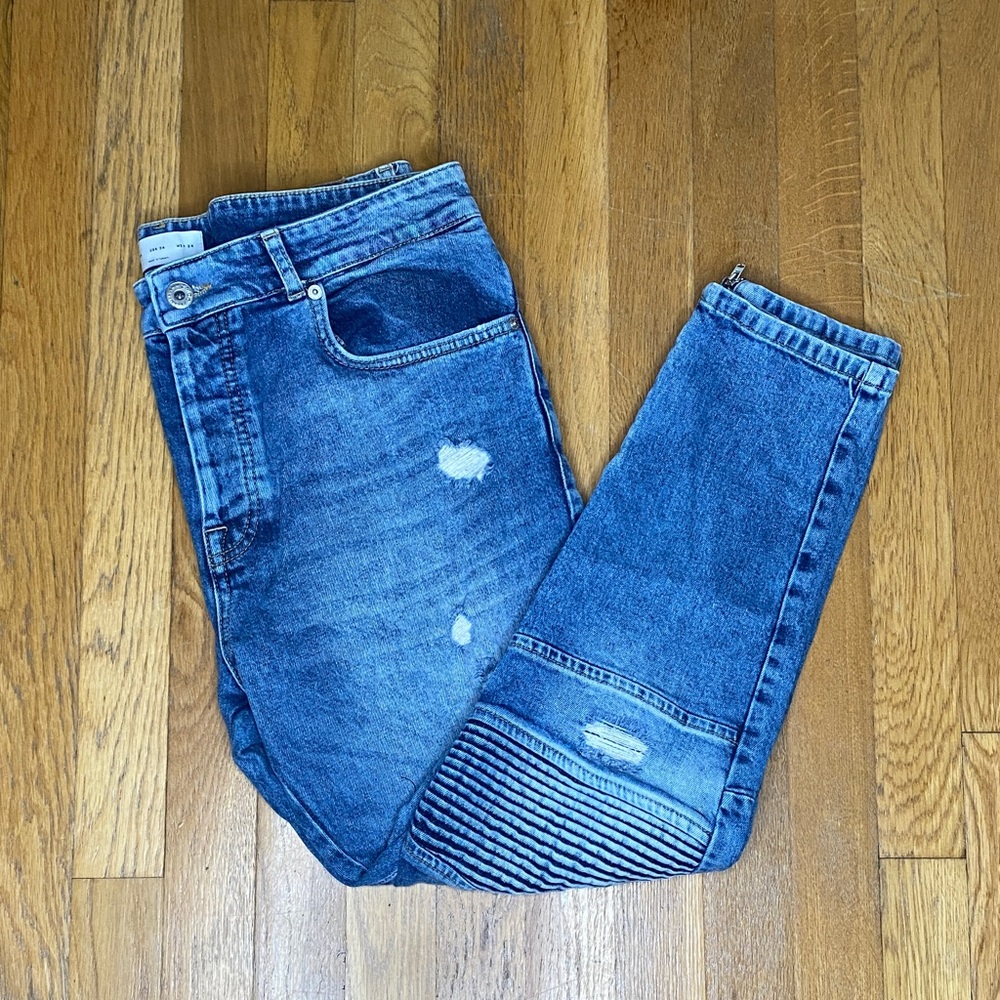 Zara Men's Denim Skinny Jeans with Ripped Accents - Motorcycle Style